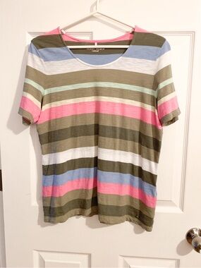 Gerry Weber Casual  Olive Striped Short Sleeve Tee with Pink & Blue  - size 12